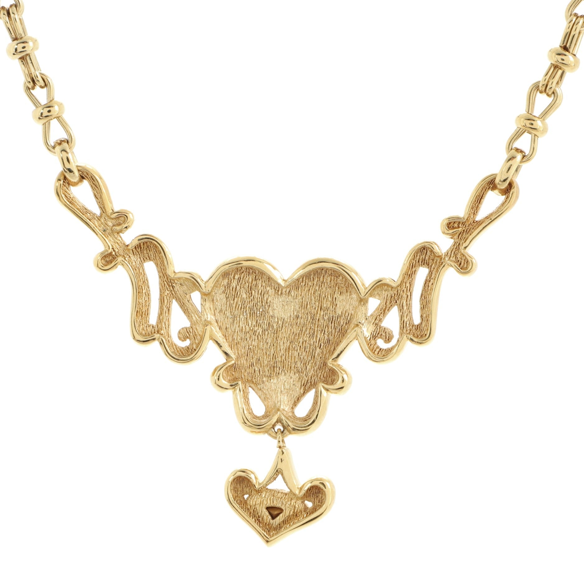 Vintage Dangling Heart Chain Necklace Metal with Enamel and Crystals