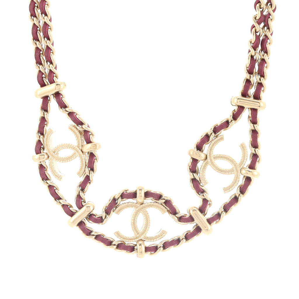 Triple CC Double Chain Necklace Metal and Leather