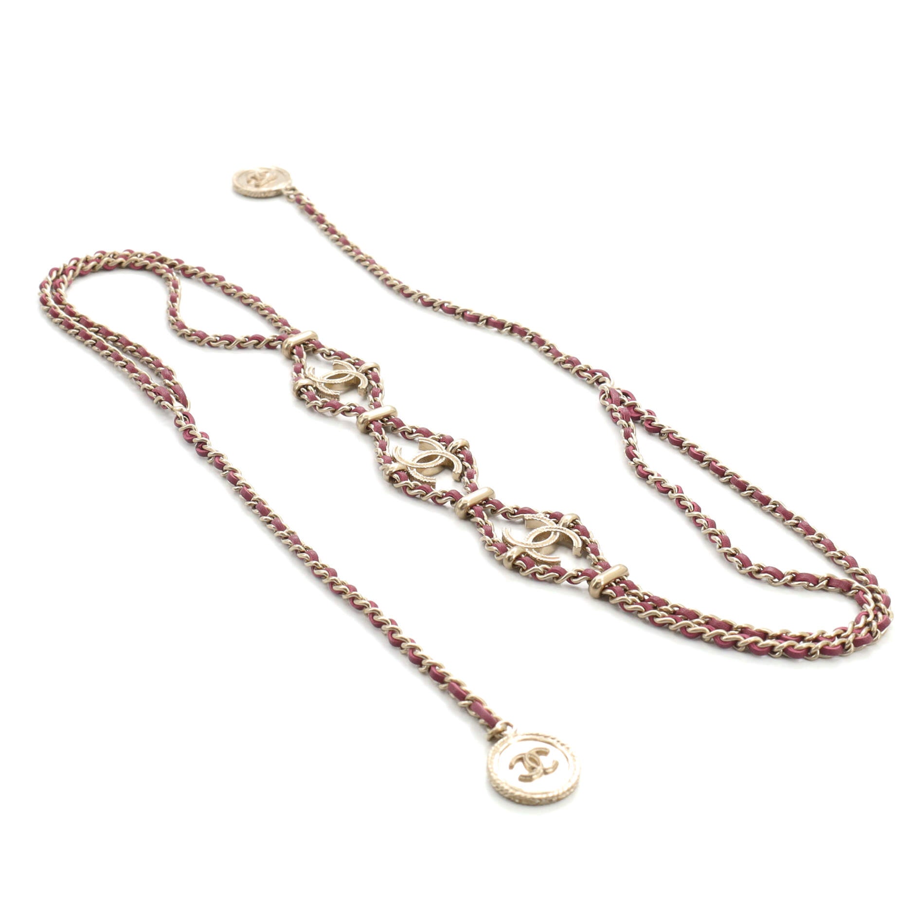 Triple CC Double Chain Necklace Metal and Leather