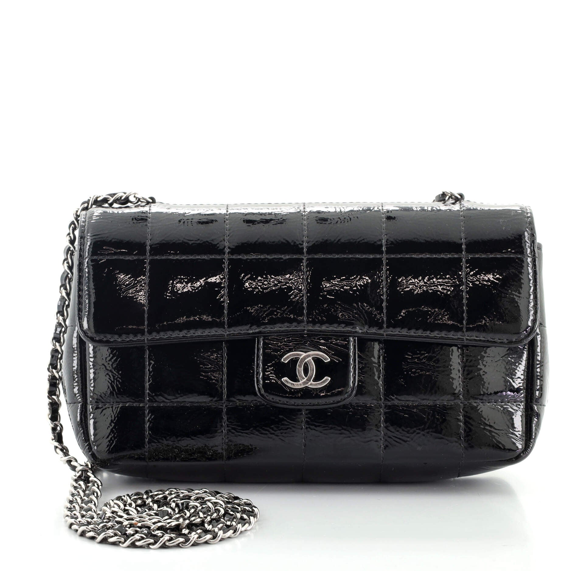 Camellia Chocolate Bar Flap Bag Quilted Patent Mini