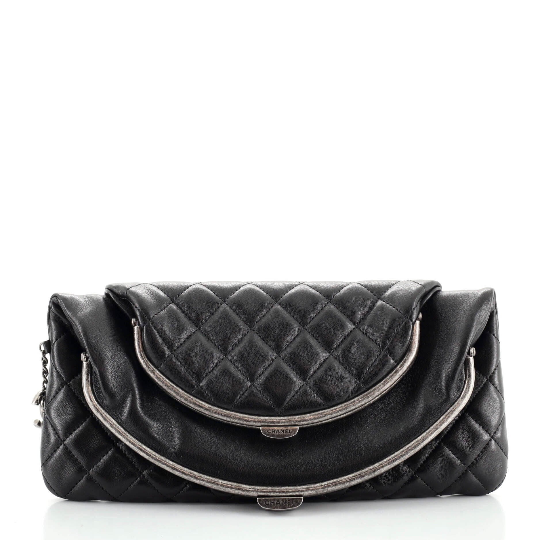 Double Kisslock Fold Over Clutch Quilted Leather Medium