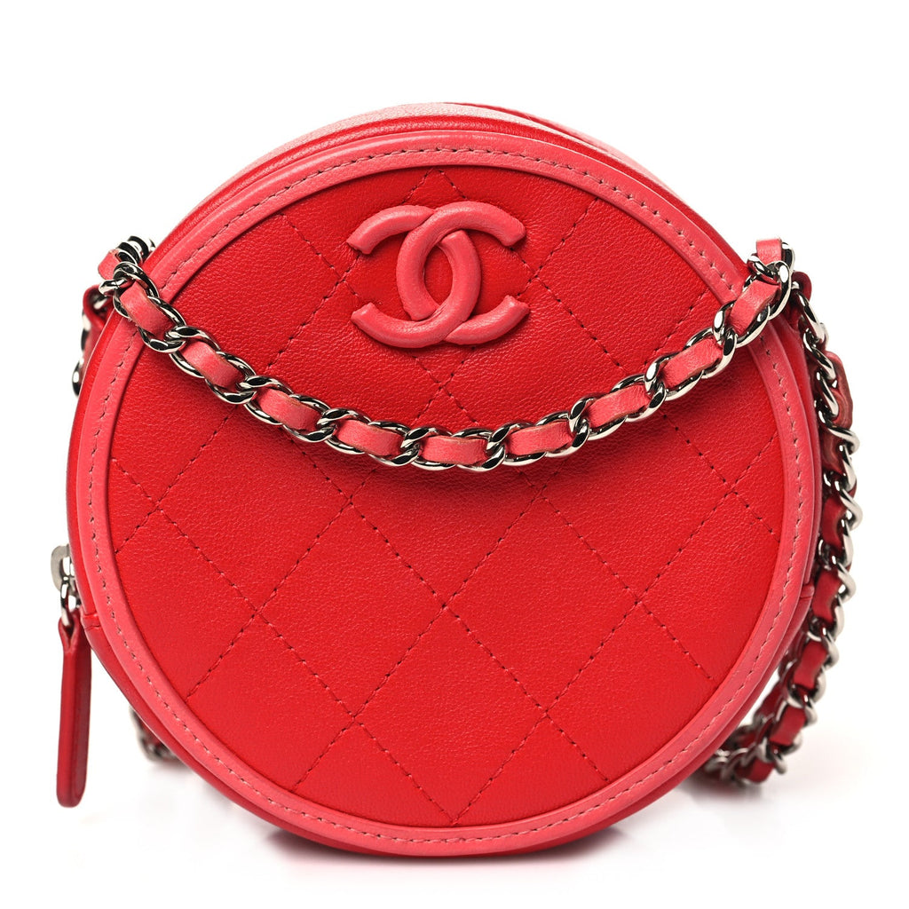 Calfskin Quilted Bi-Color CC Round Clutch With Chain Pink Red
