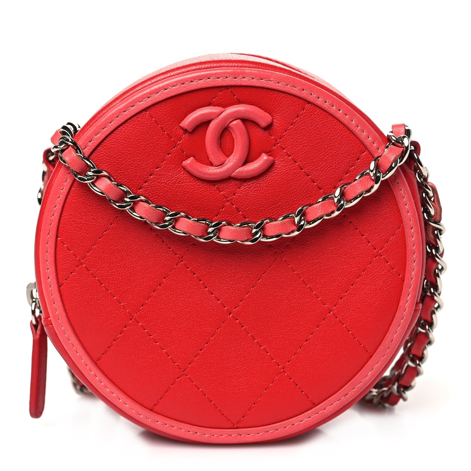 Calfskin Quilted Bi-Color CC Round Clutch With Chain Pink Red