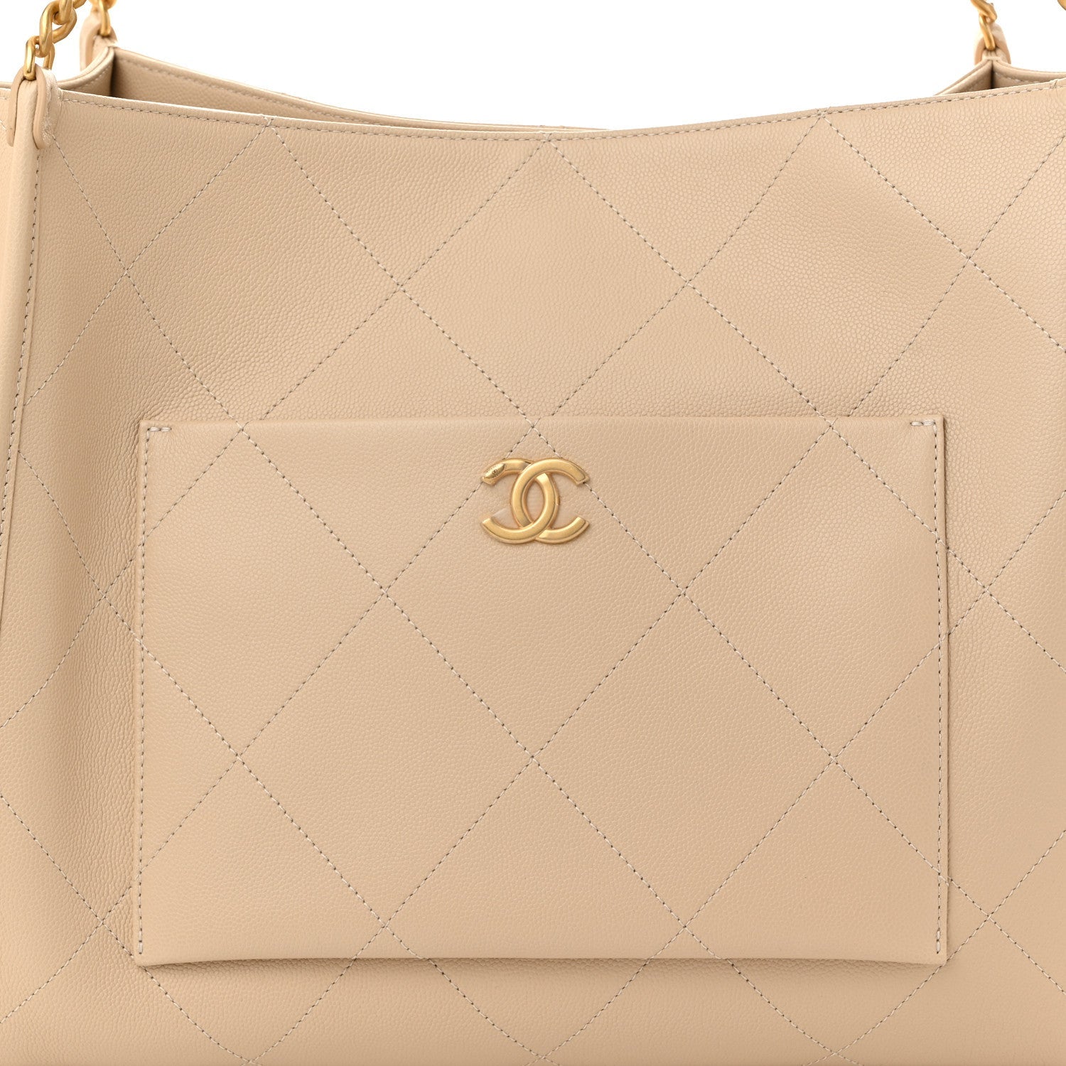 Caviar Stitched Pocket CC Large Tote Light Beige