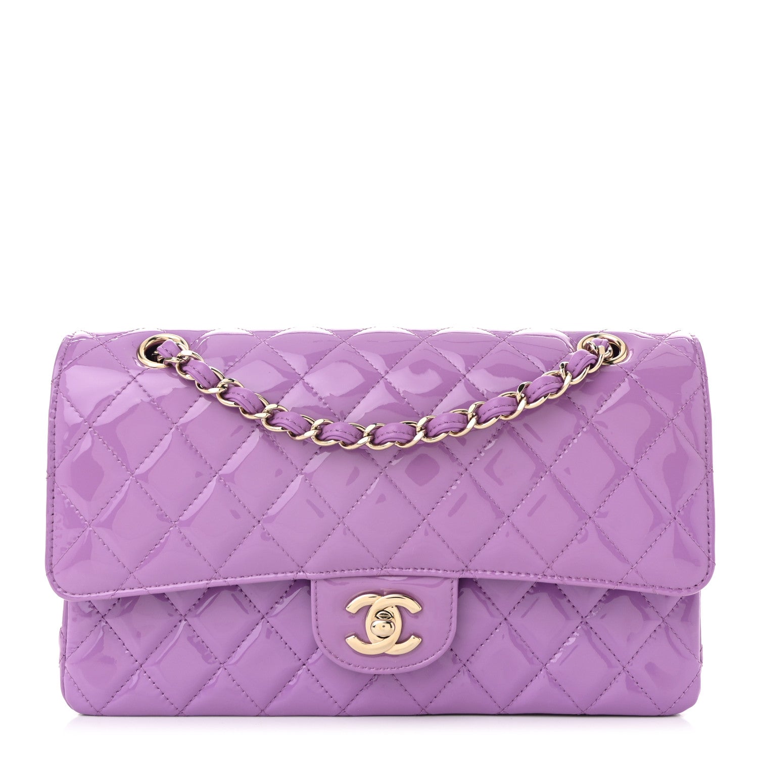 Patent Calfskin Quilted Medium Double Flap Purple
