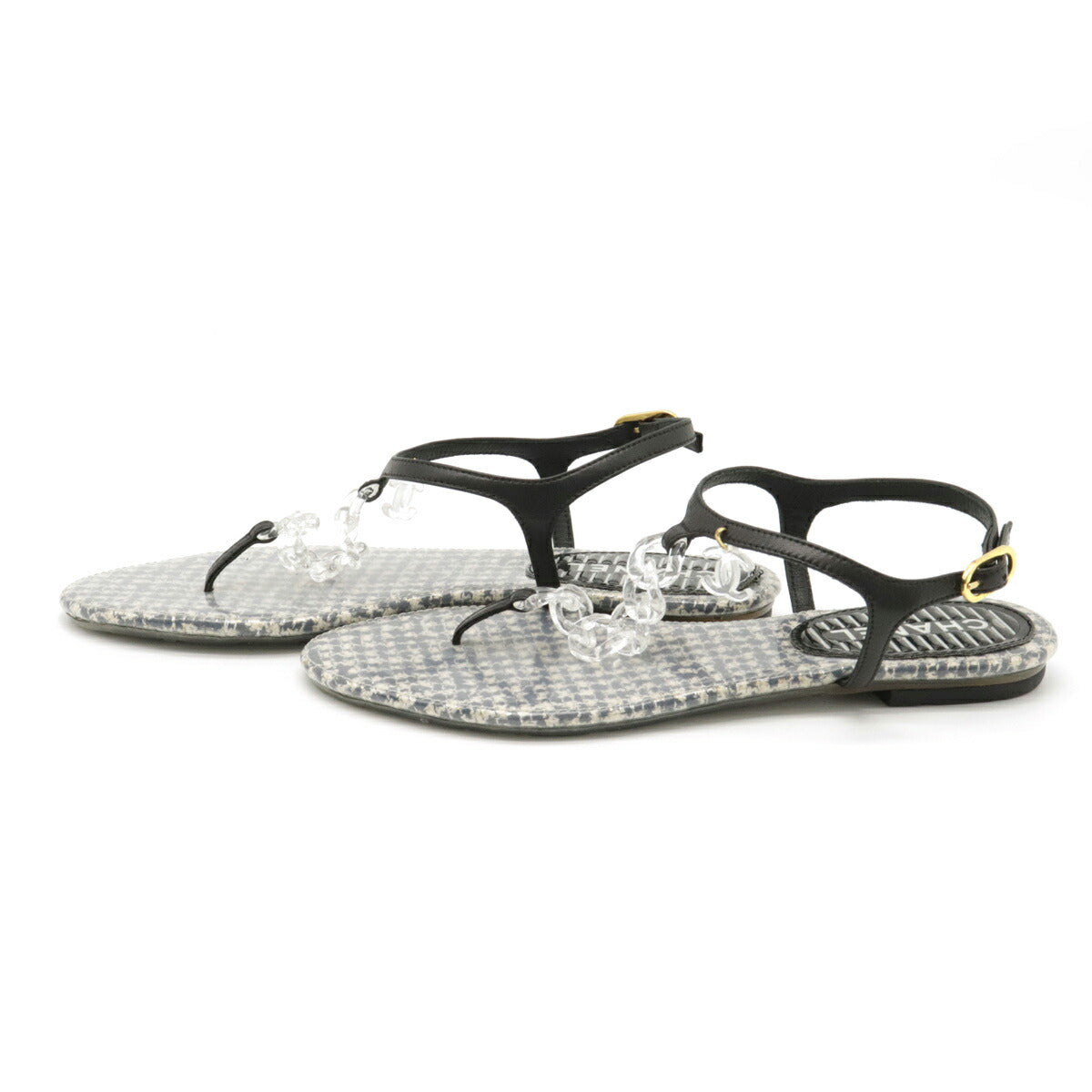 Chanel Tweed Leather Rubber Coco Mark Chain Sandals G27040