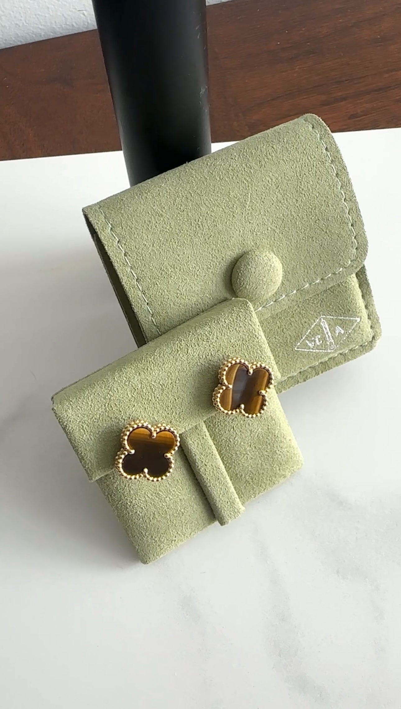 Van Cleef & Arpels 18k Yellow Gold Vintage Alhambra Tiger's Eye Earrings