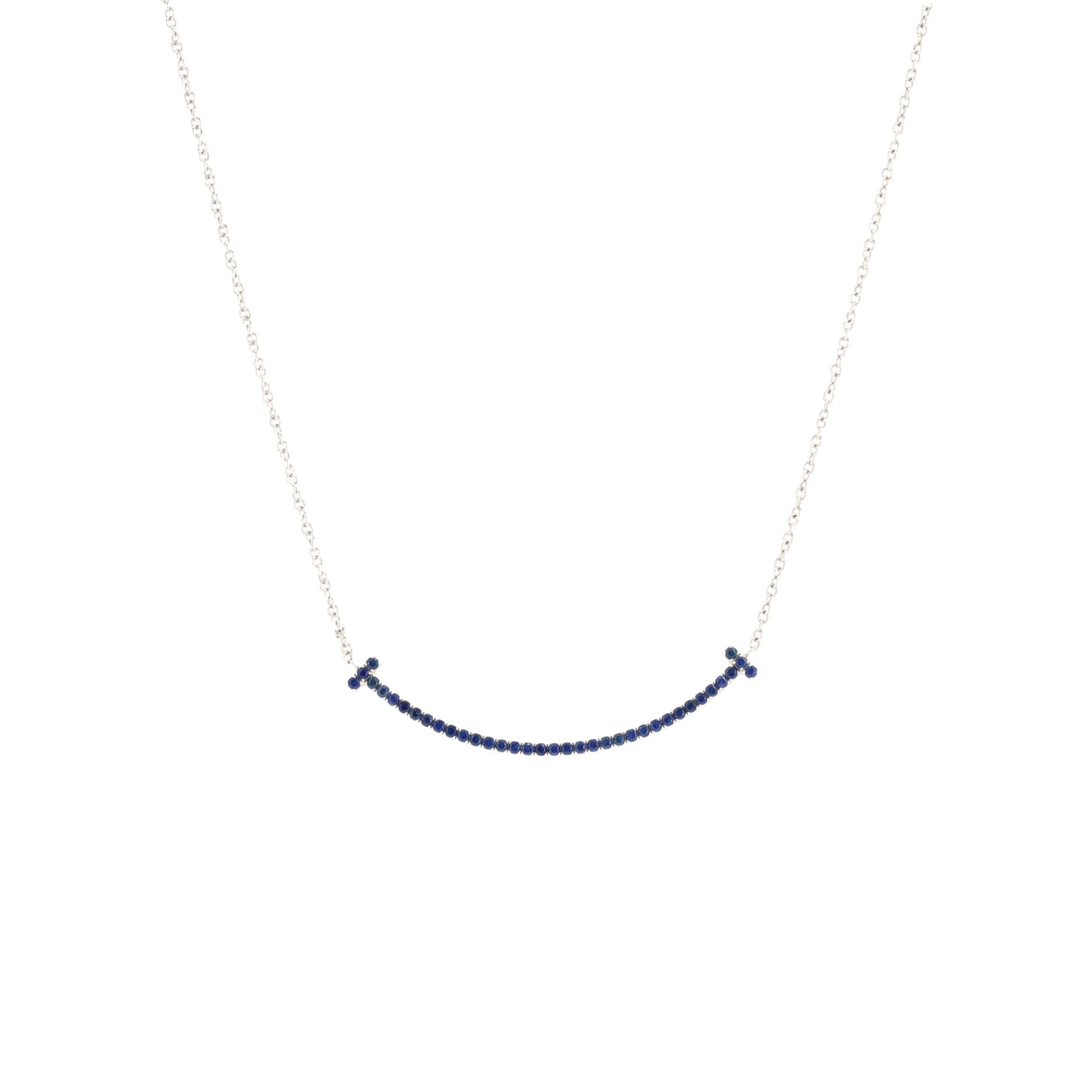 T Smile Pendant Necklace 18K White Gold with Blue Sapphires Small