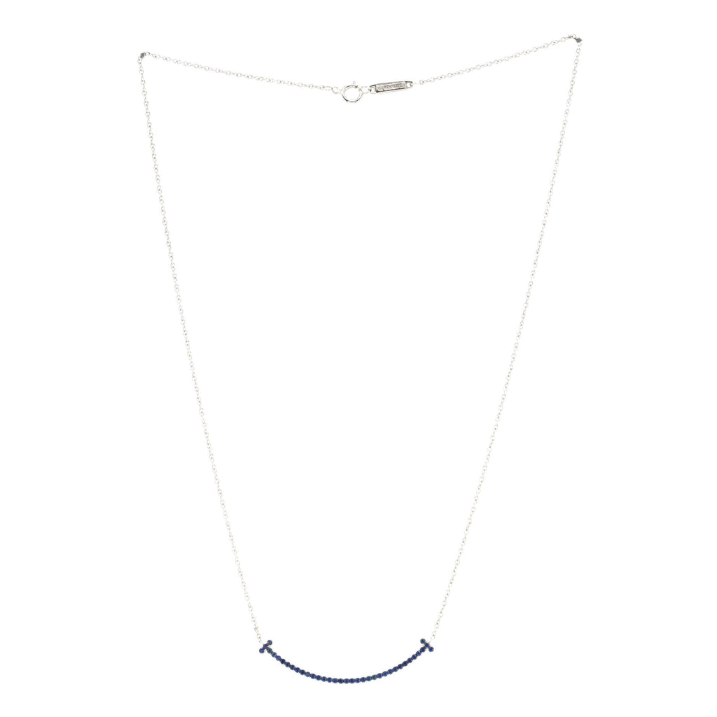 T Smile Pendant Necklace 18K White Gold with Blue Sapphires Small