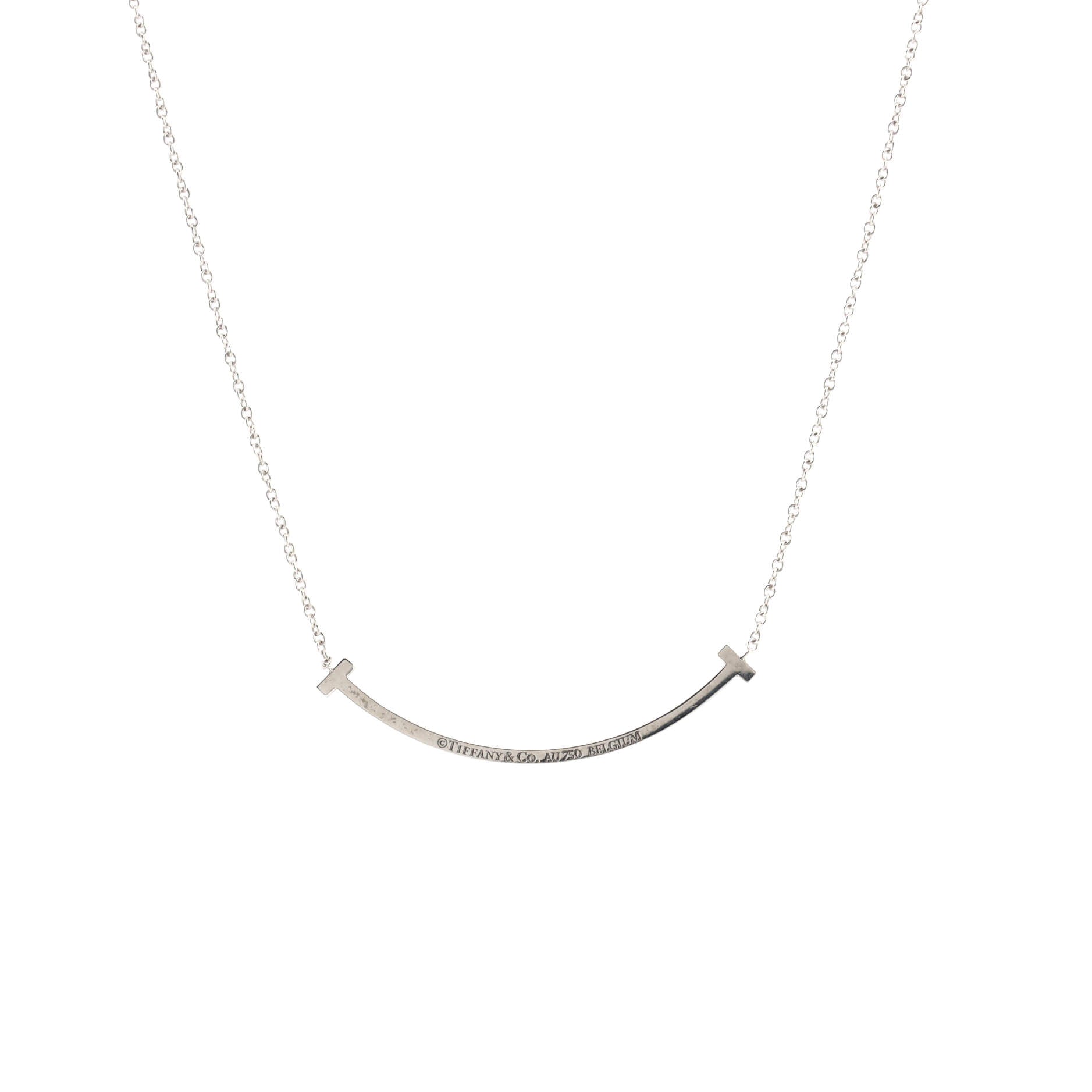 T Smile Pendant Necklace 18K White Gold with Blue Sapphires Small