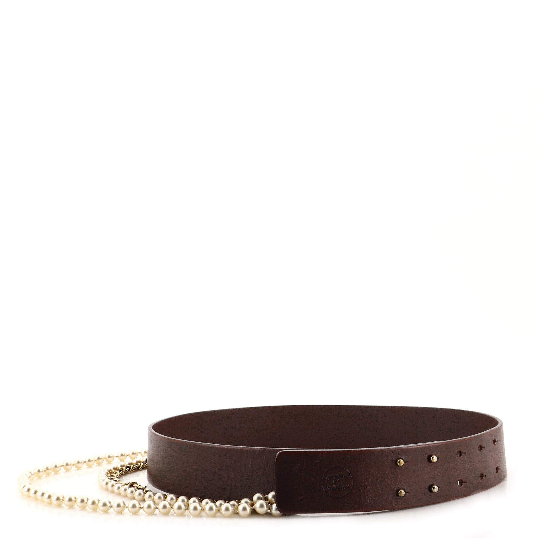 Vintage CC Belt with Chain Leather with Faux Pearls 76