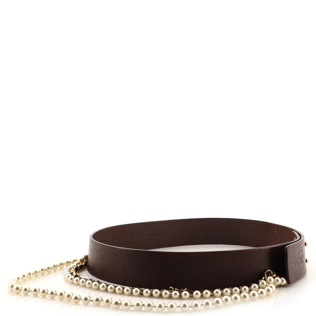 Vintage CC Belt with Chain Leather with Faux Pearls 76