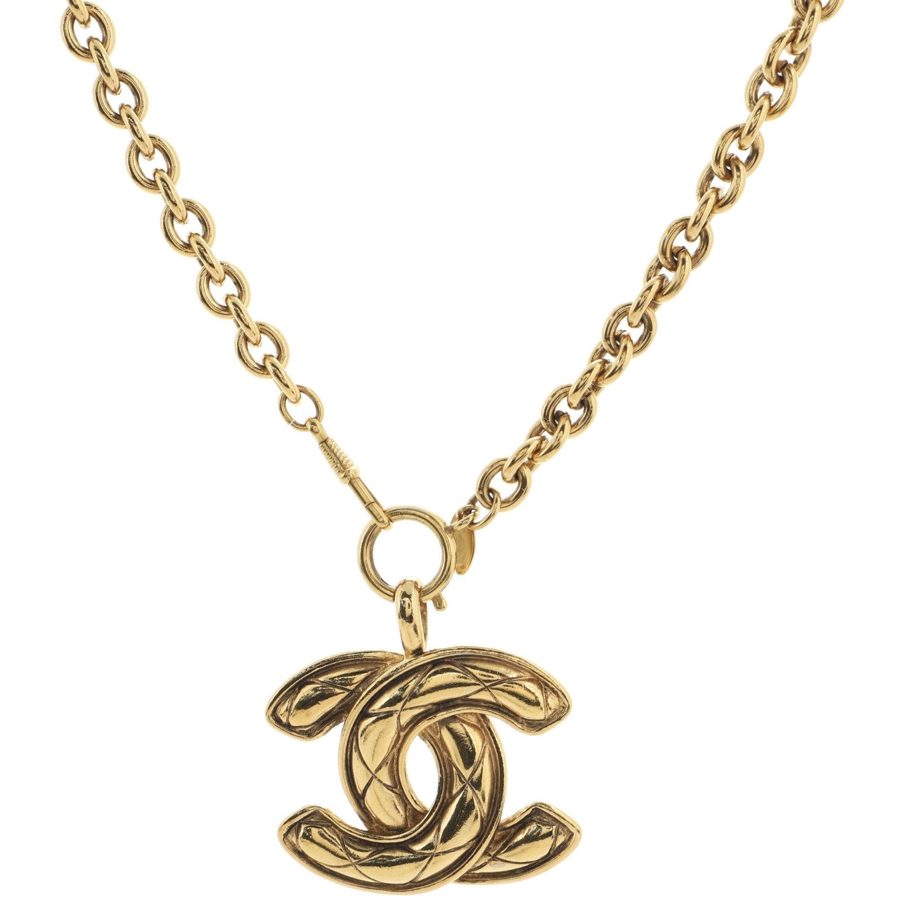 Vintage Quilted CC Pendant Necklace Metal Large