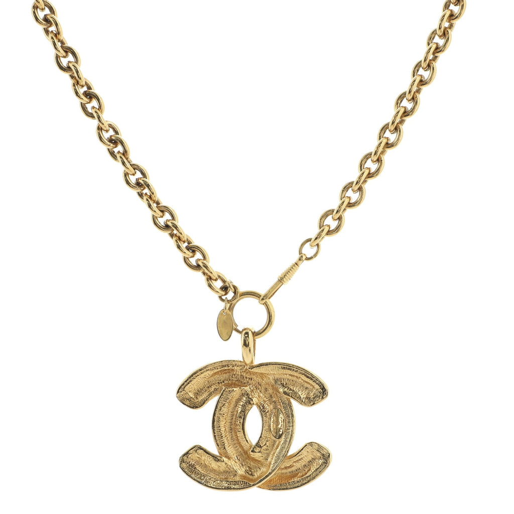 Vintage Quilted CC Pendant Necklace Metal Large