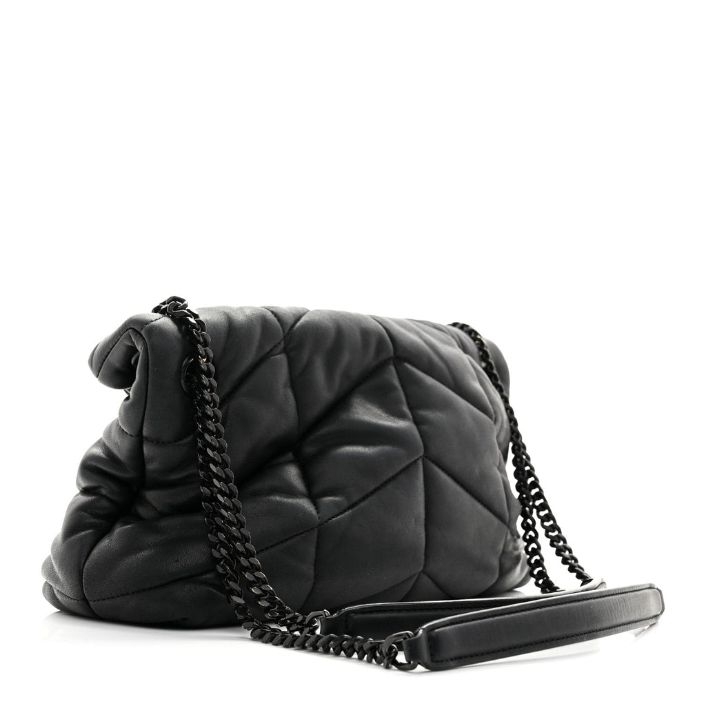 Lambskin Quilted Monogram Monochrome Small Loulou Puffer Chain Satchel Black