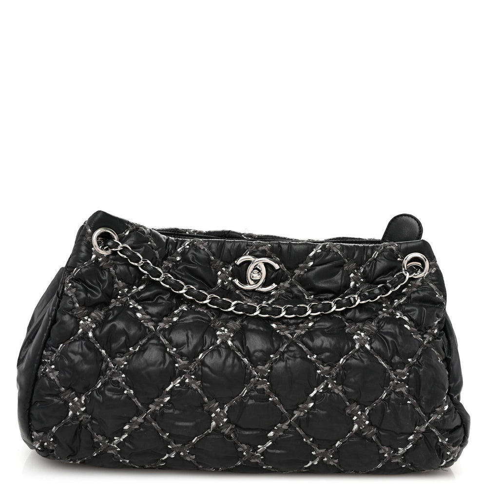Nylon Quilted Tweed Stitch Bubble Tote Black