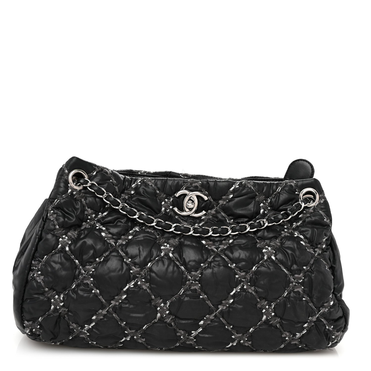 Nylon Quilted Tweed Stitch Bubble Tote Black