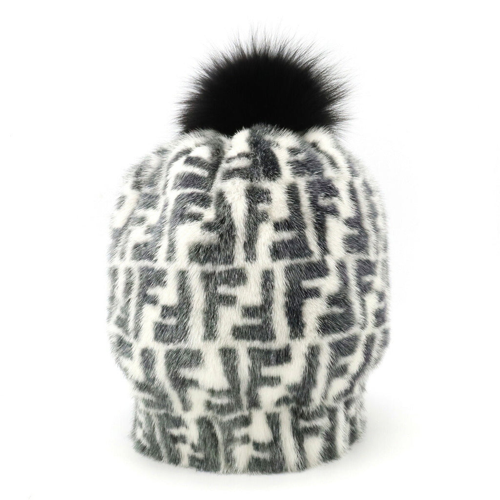 Fendi Mink Fox Fur Hat Black White FNX085