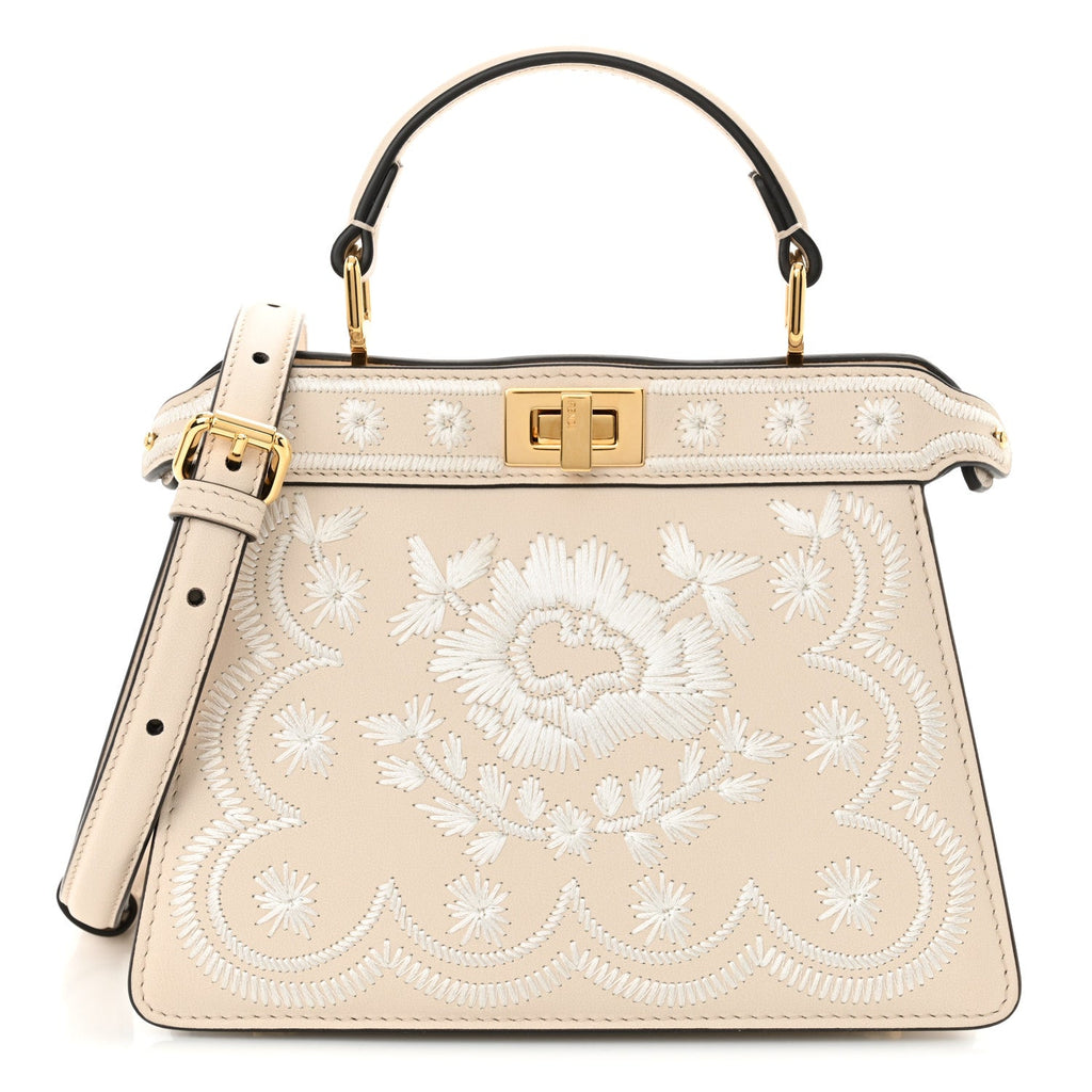 Vitello Seta Shiny Nappa Floral Embroidered Petite Peekaboo I SEE U Satchel Camelia White Ice