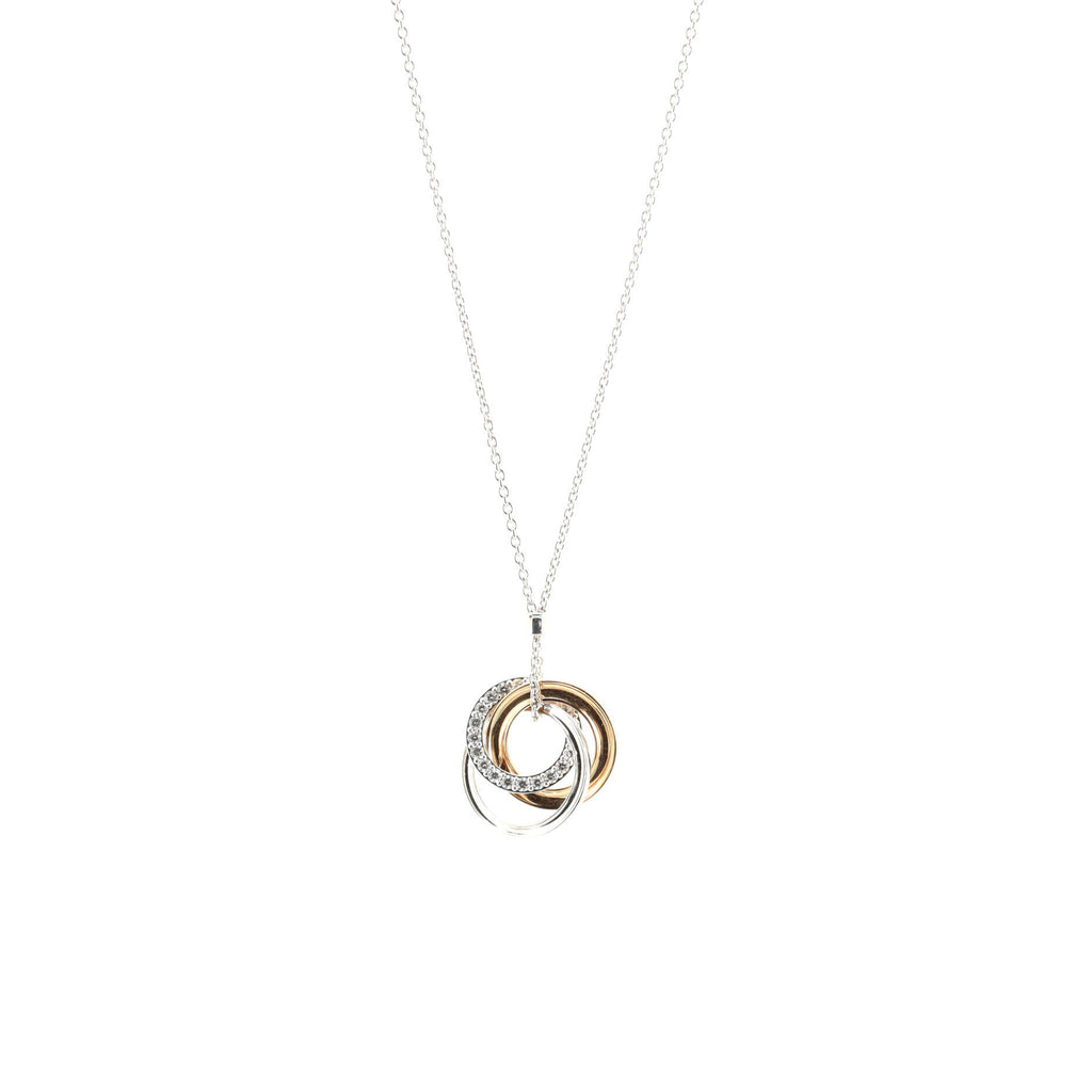 Triple Interlocking Circles Pendant Necklace 18k White Gold with 18k Rose Gold and Diamonds