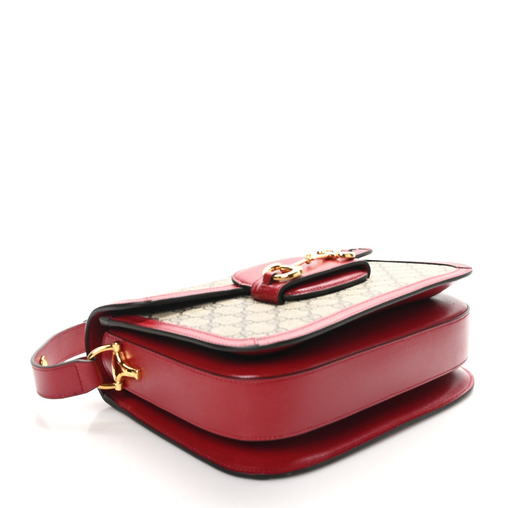 GG Supreme Monogram Azalea Calfskin Horsebit 1955 Shoulder Bag Beige Ebony New Cherry Red