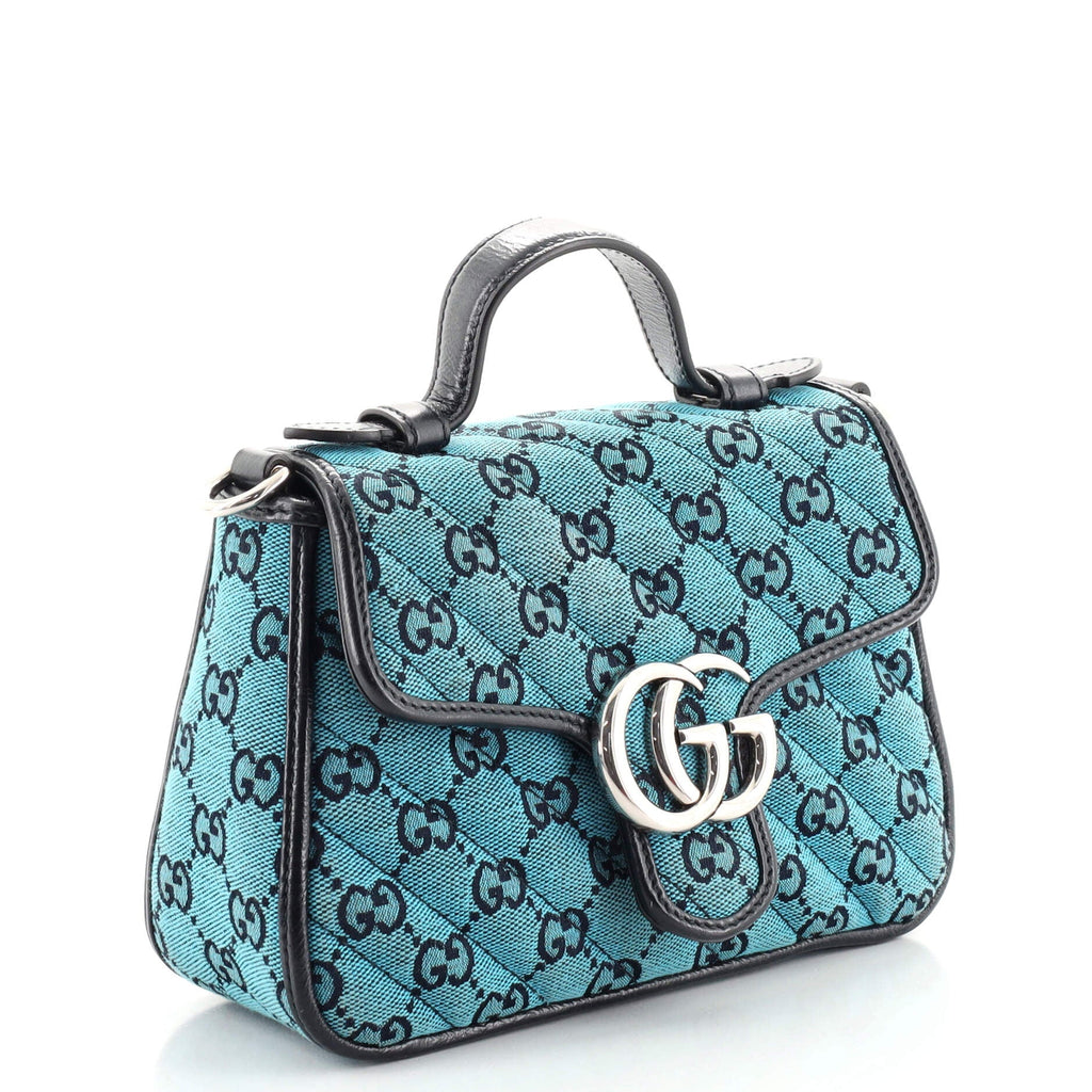 GG Marmont Top Handle Flap Bag Diagonal Quilted GG Canvas Mini