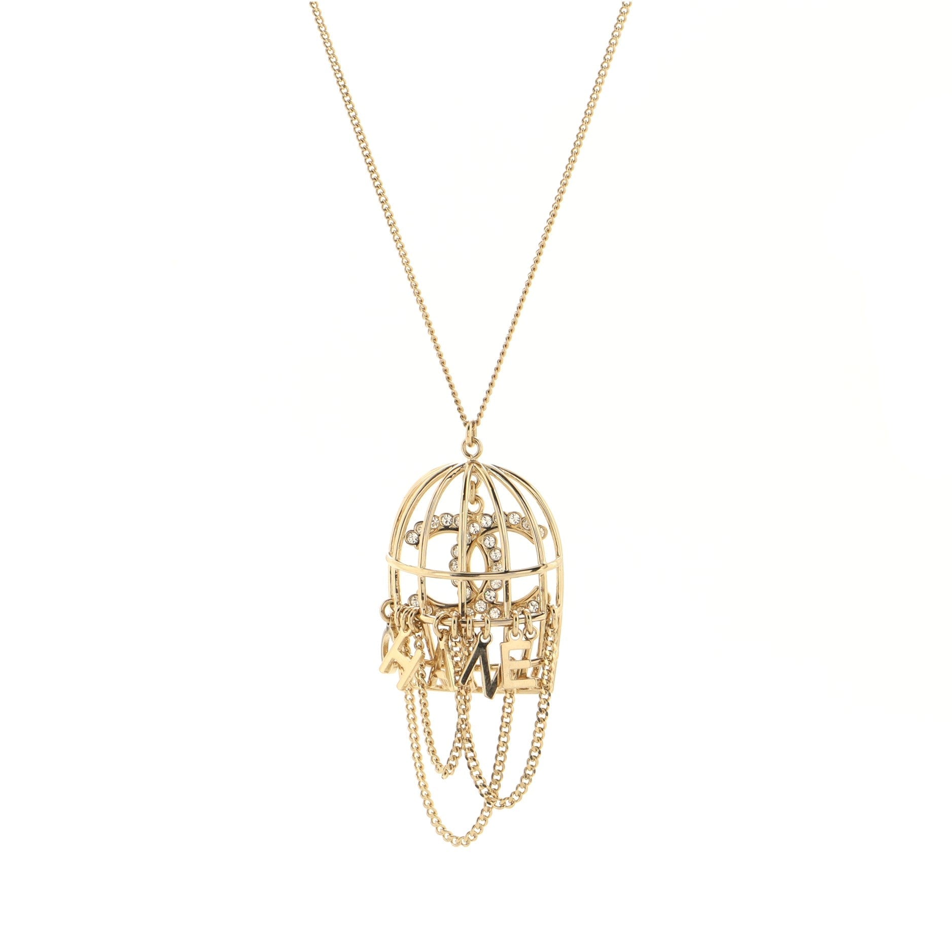 Bird Cage Logo Necklace Metal and Crystals