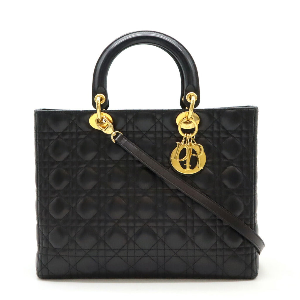 Christian Dior Leather Lady Dior 2way Handbag Black Gold Hardware