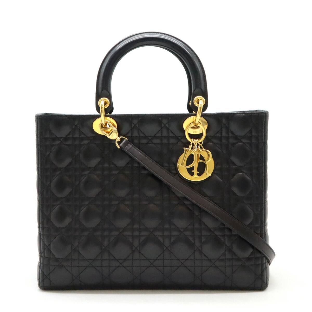 Christian Dior Leather Lady Dior 2way Handbag Black Gold Hardware
