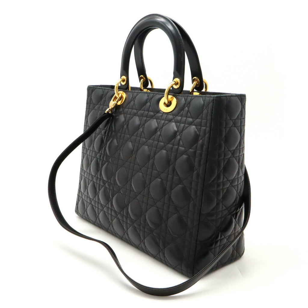 Christian Dior Leather Lady Dior 2way Handbag Black Gold Hardware