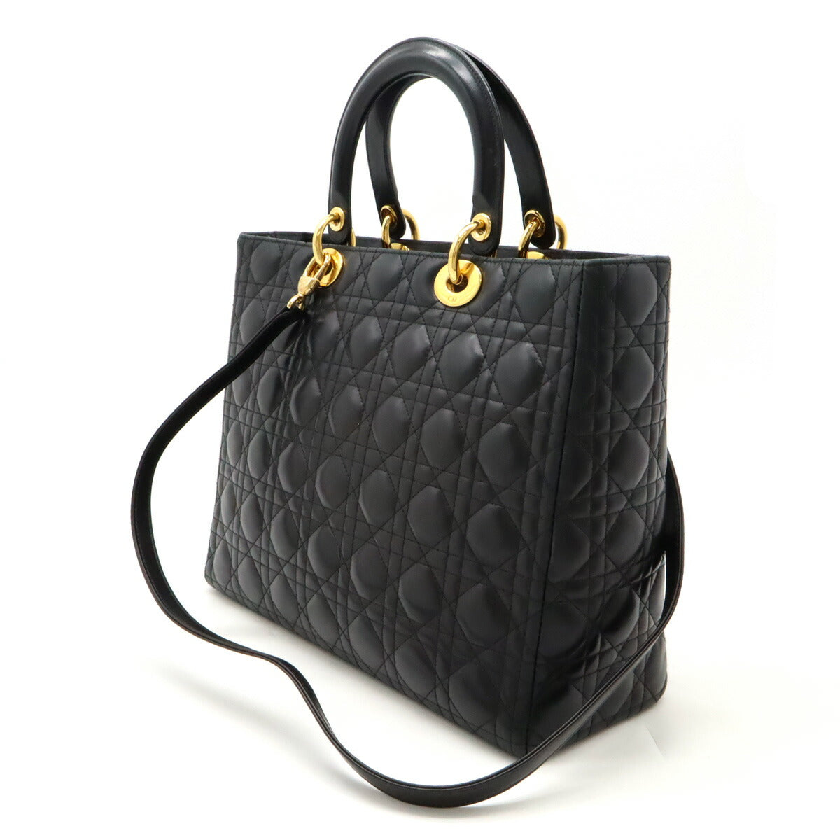 Christian Dior Leather Lady Dior 2way Handbag Black Gold Hardware