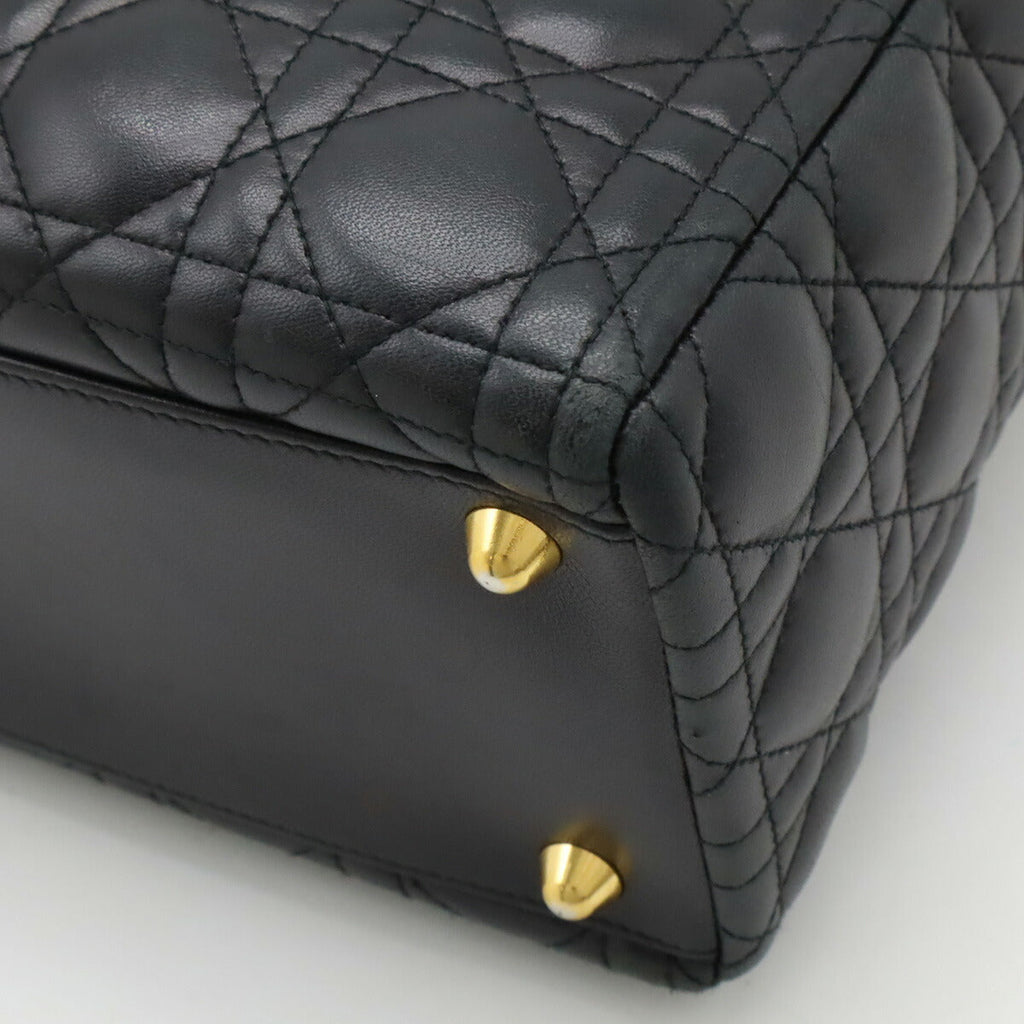 Christian Dior Leather Lady Dior 2way Handbag Black Gold Hardware