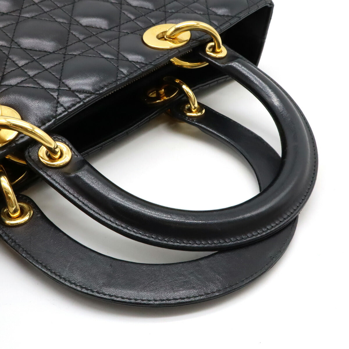 Christian Dior Leather Lady Dior 2way Handbag Black Gold Hardware