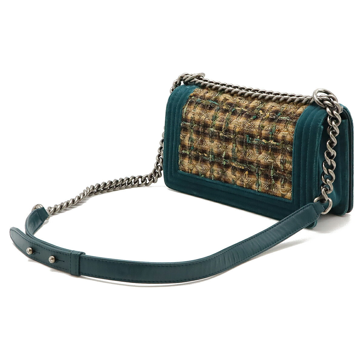 Chanel Velour Tweed Boy Chanel Chain Shoulder Bag Brown Multicolor/Green A67775