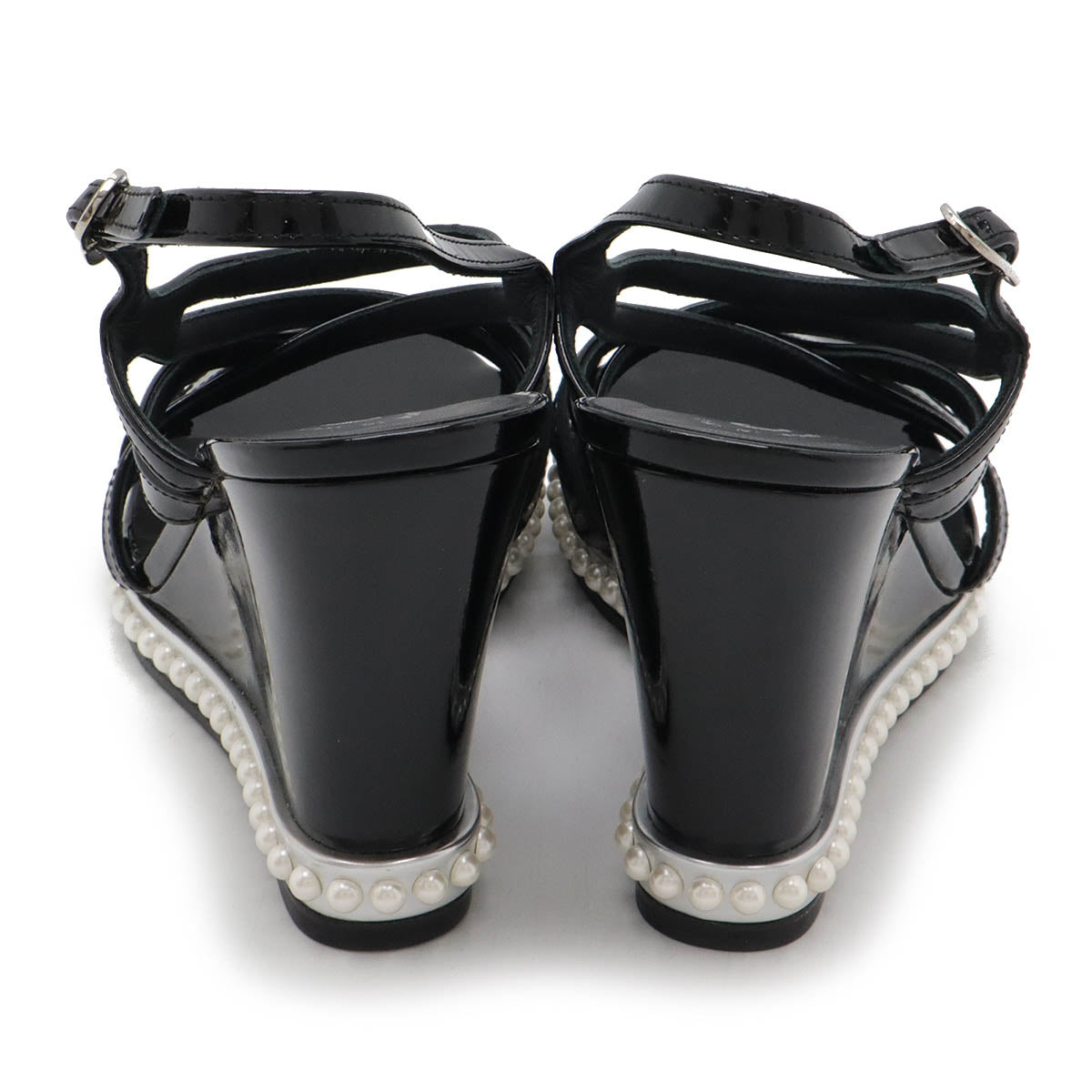 Chanel Coco Mark Patent Leather Pearl Wedge Sandals