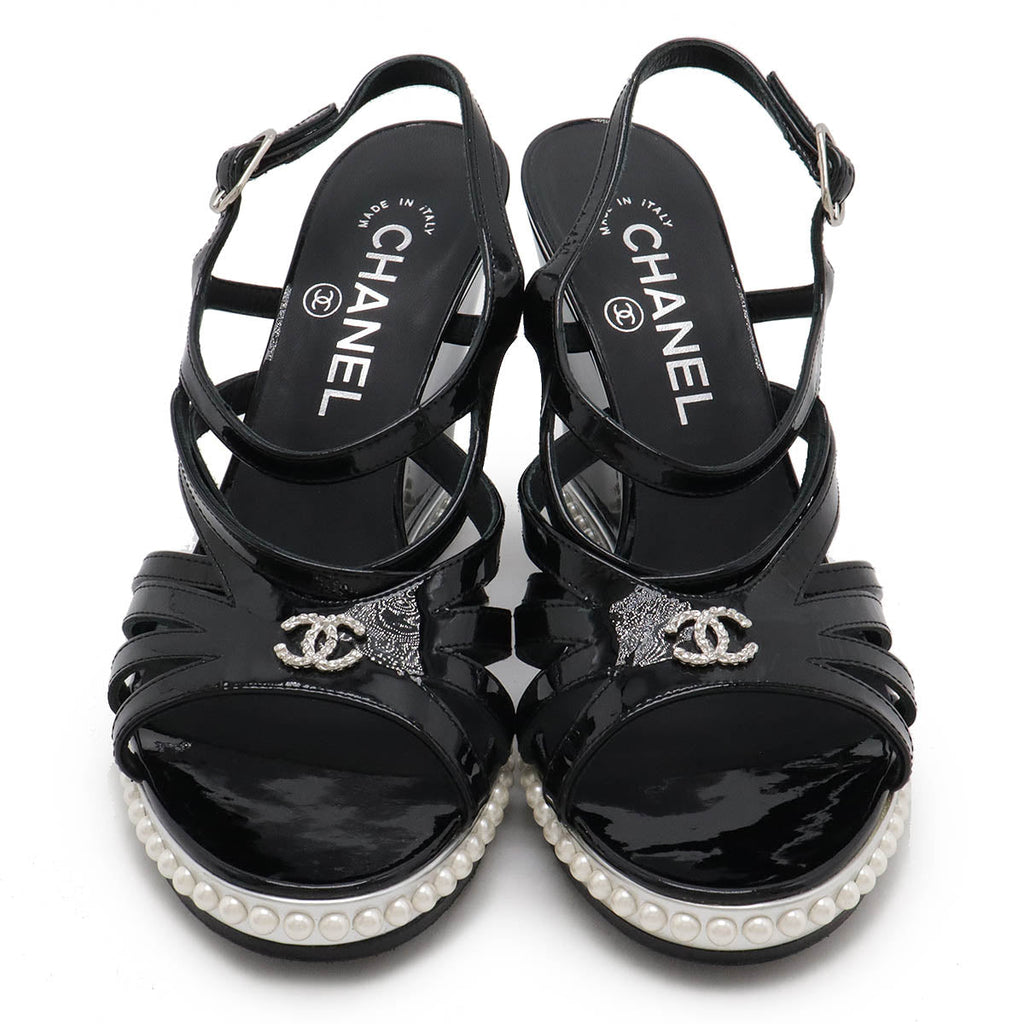 Chanel Coco Mark Patent Leather Pearl Wedge Sandals