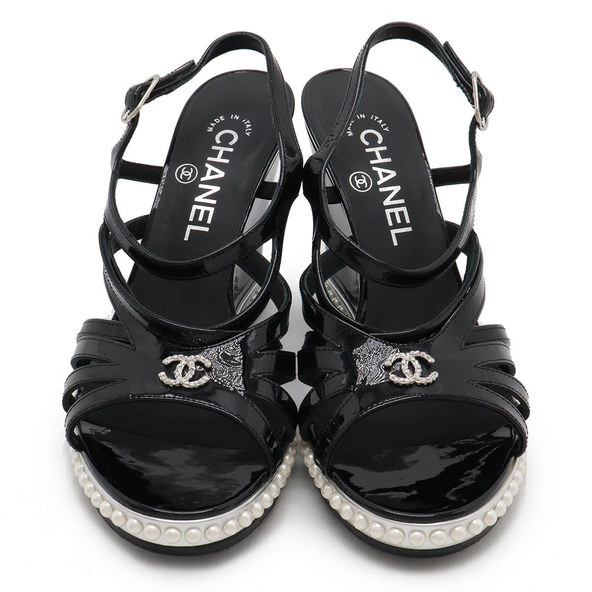 Chanel Coco Mark Patent Leather Pearl Wedge Sandals