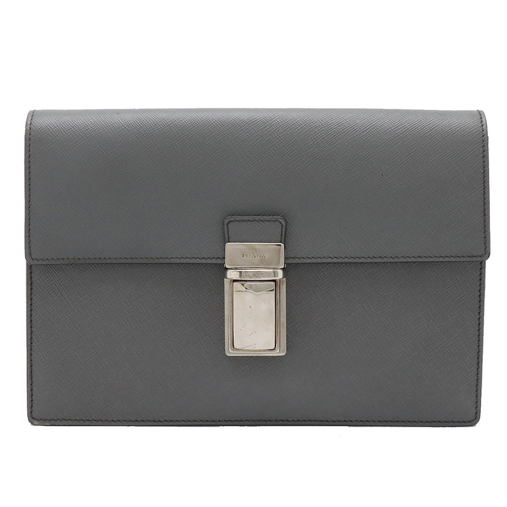 Prada Saffiano Clutch Bag 2way Bag Leather Grey