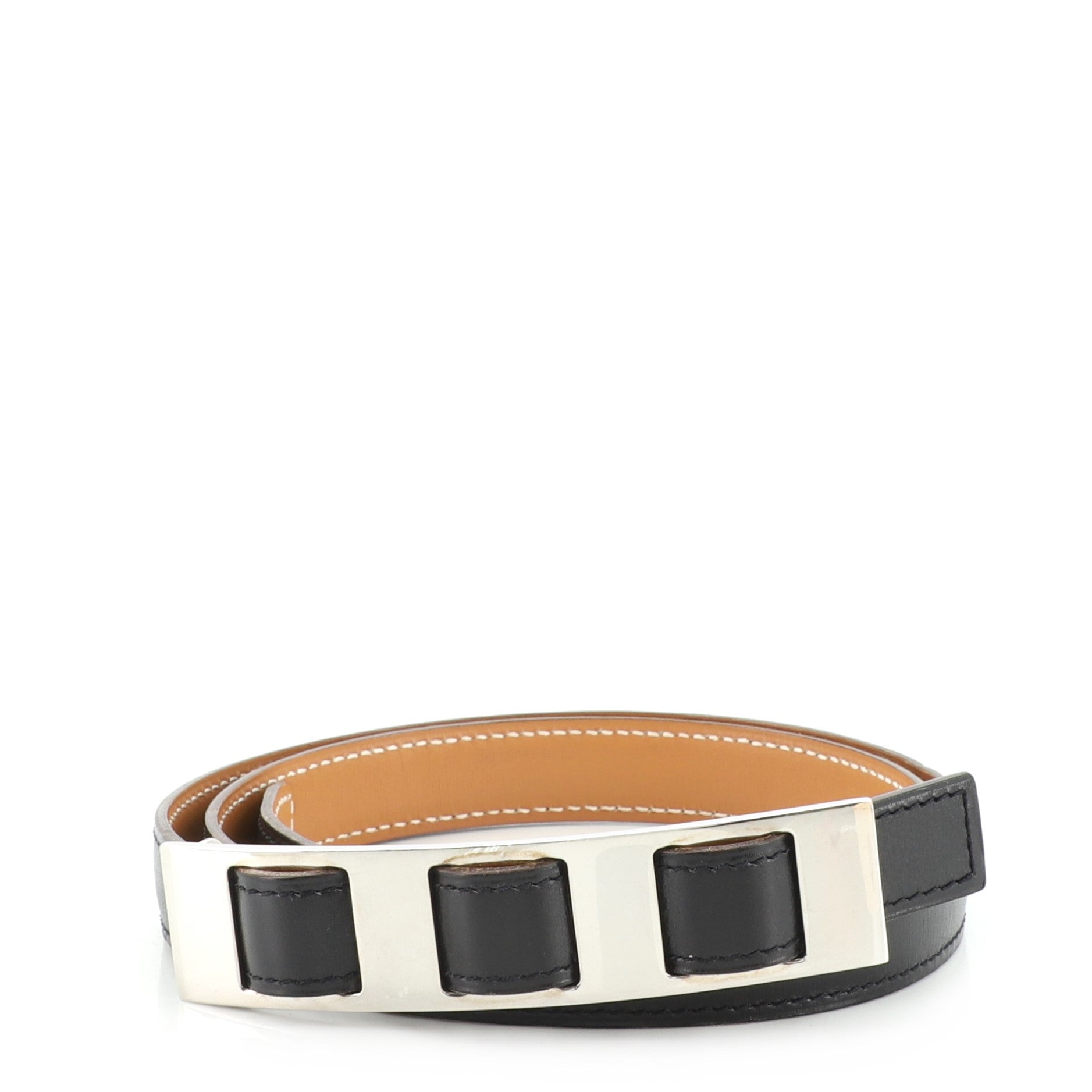 Triple Hole Buckle Belt Metal and Leather Thin 76