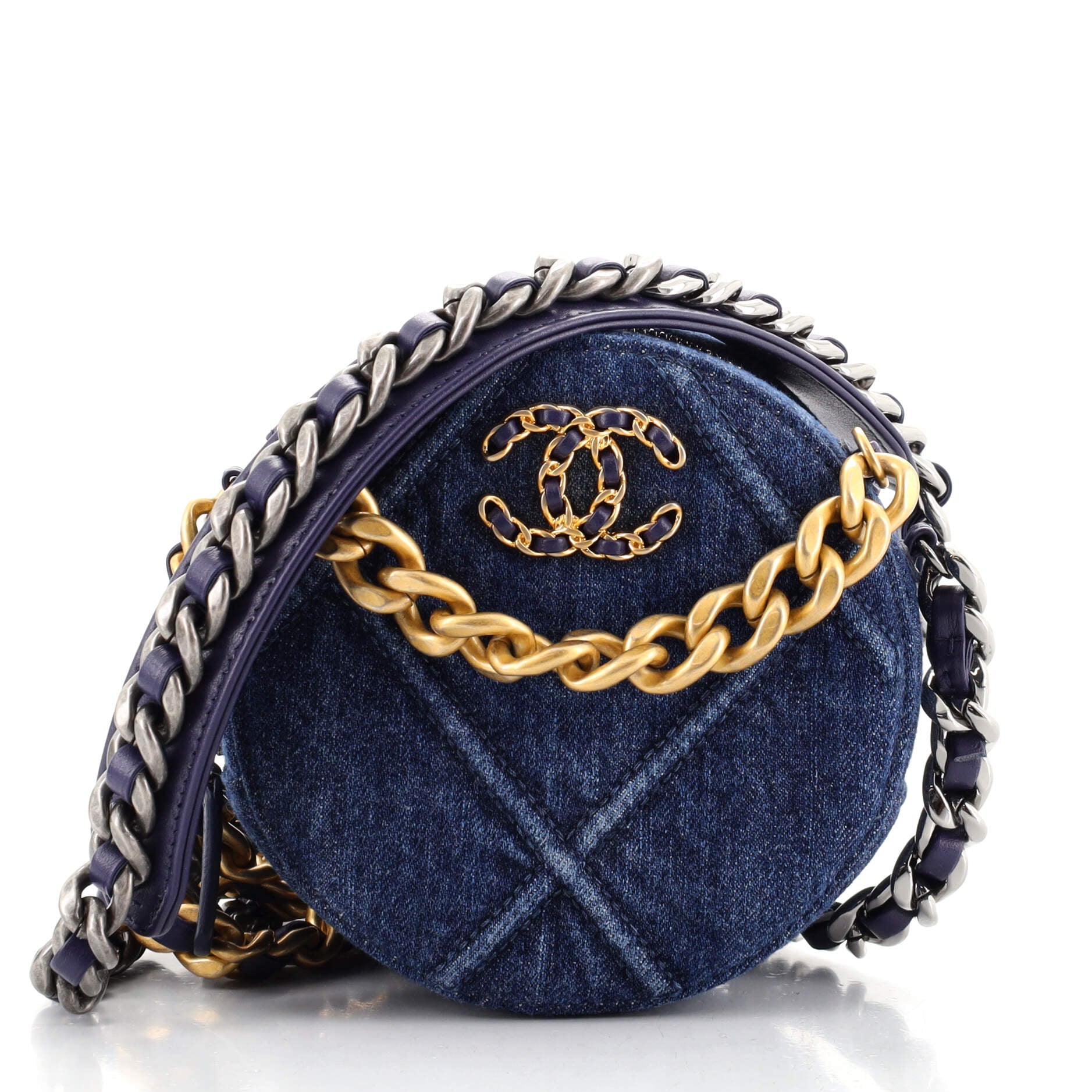19 Round Clutch with Chain Quilted Denim