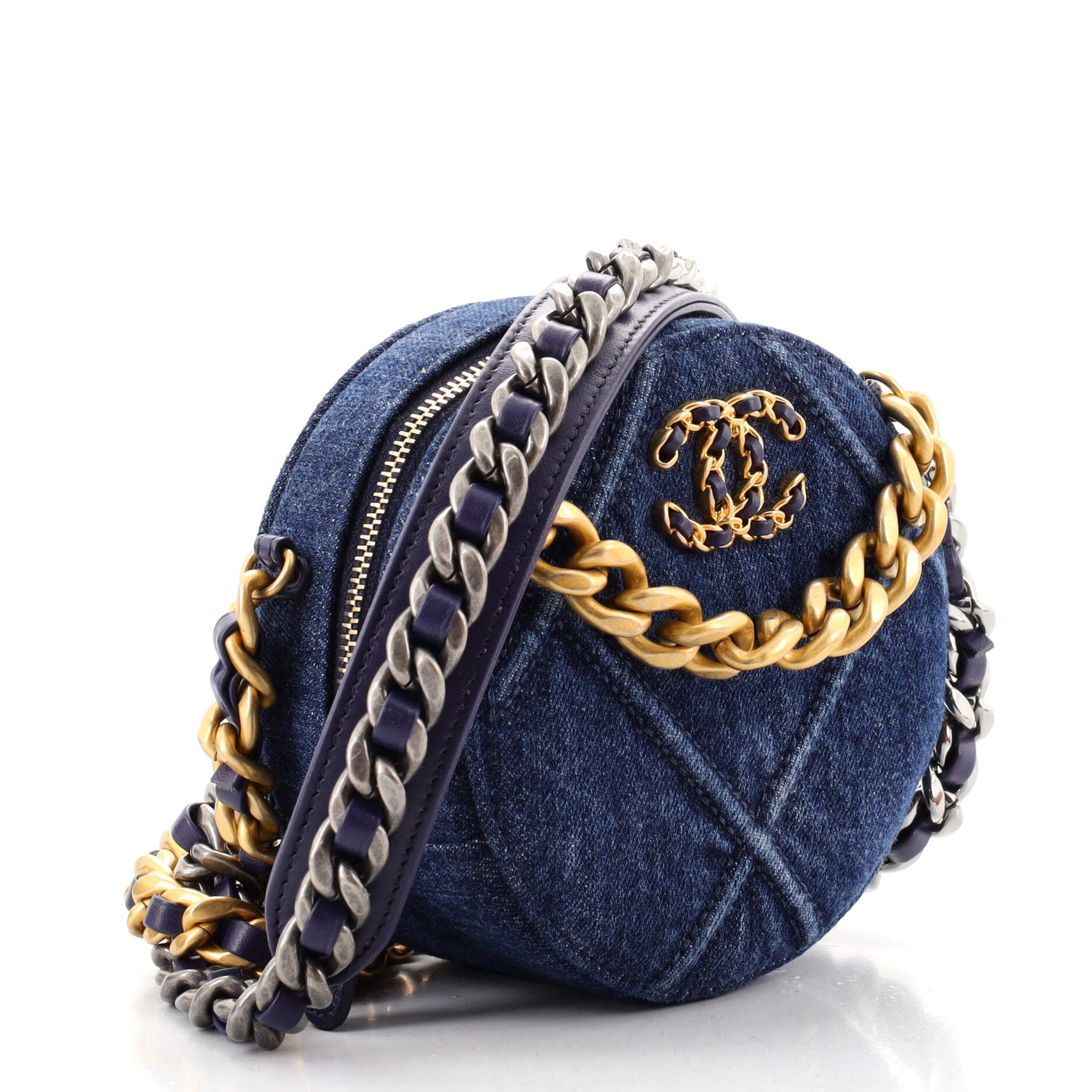 19 Round Clutch with Chain Quilted Denim