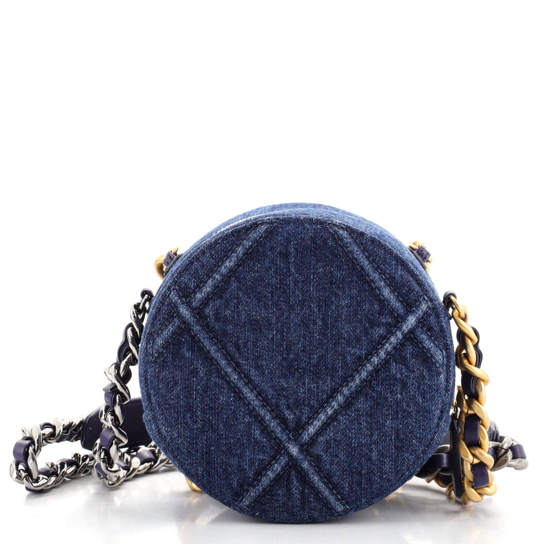 19 Round Clutch with Chain Quilted Denim
