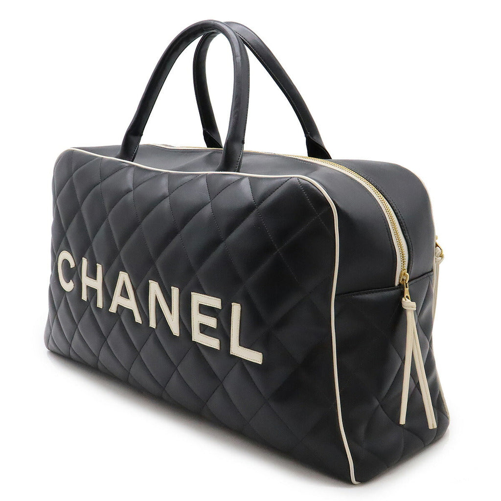 Chanel Leather Matelasse Bowling Bag Boston Travel Bag Black White