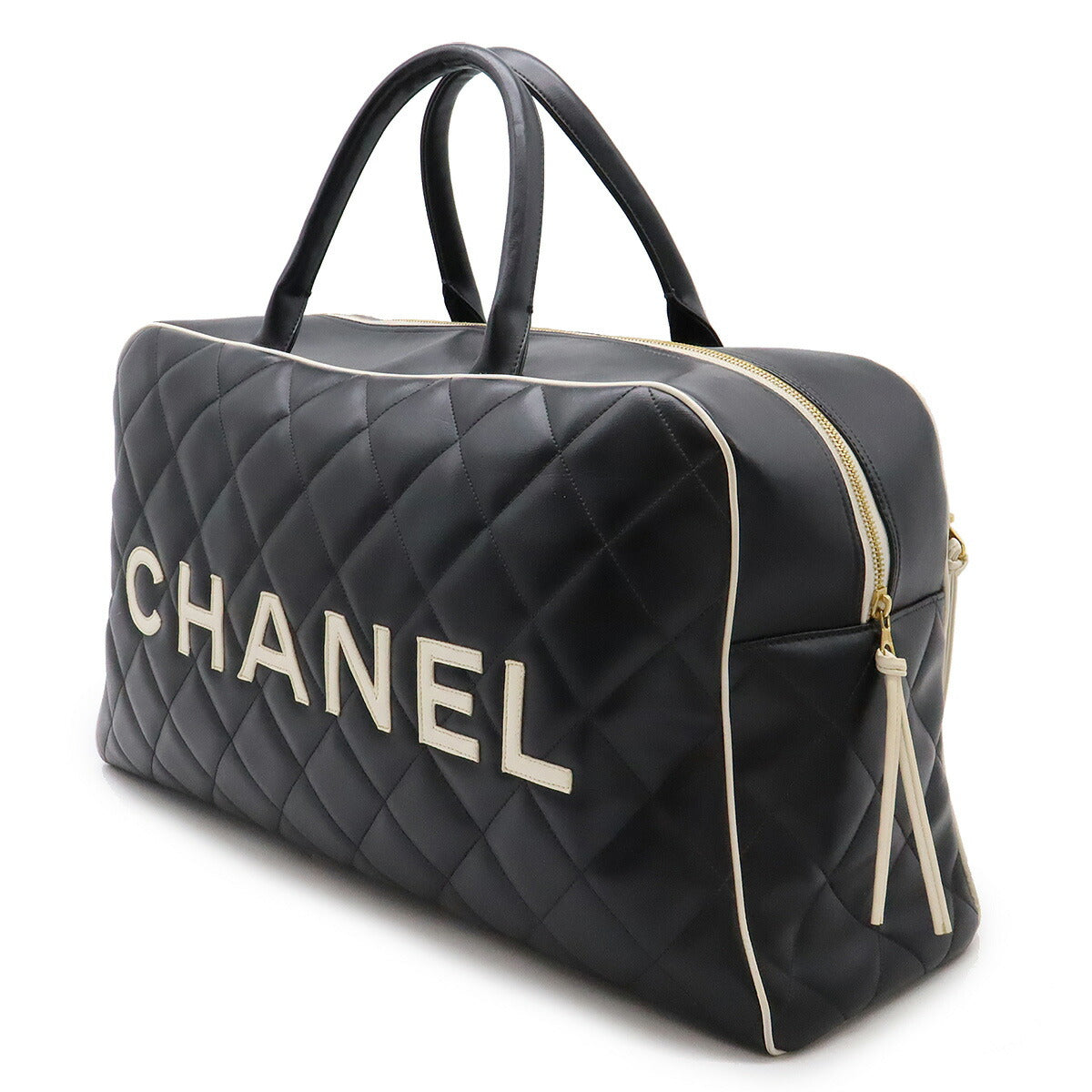 Chanel Leather Matelasse Bowling Bag Boston Travel Bag Black White