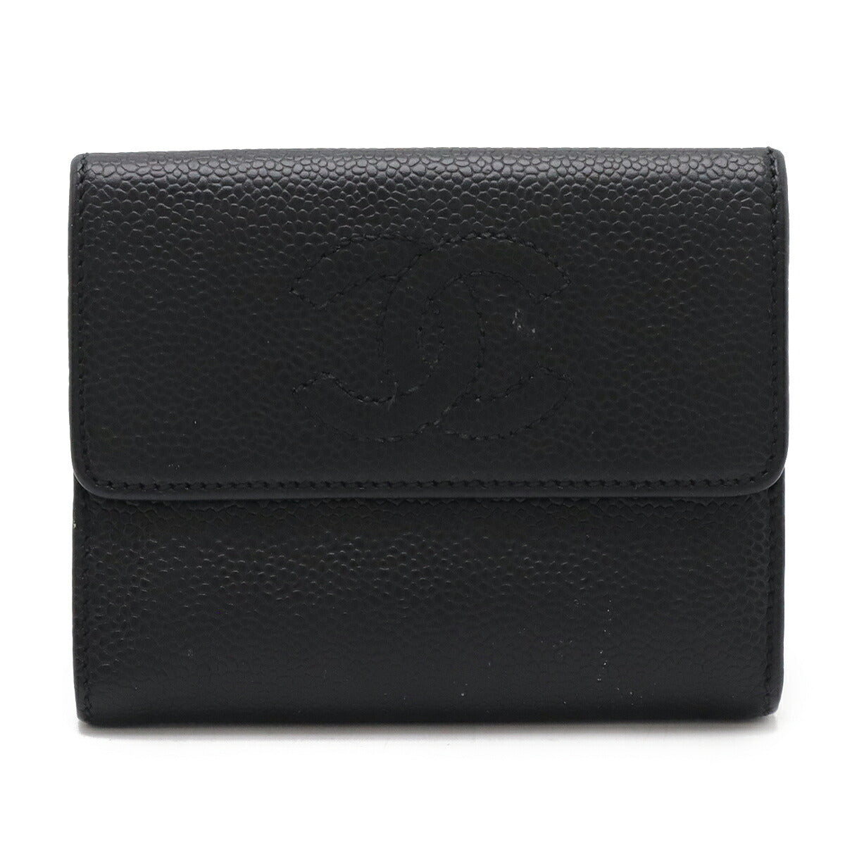 Chanel Caviar Skin Coco Mark Tri-fold Wallet Black Gold Hardware