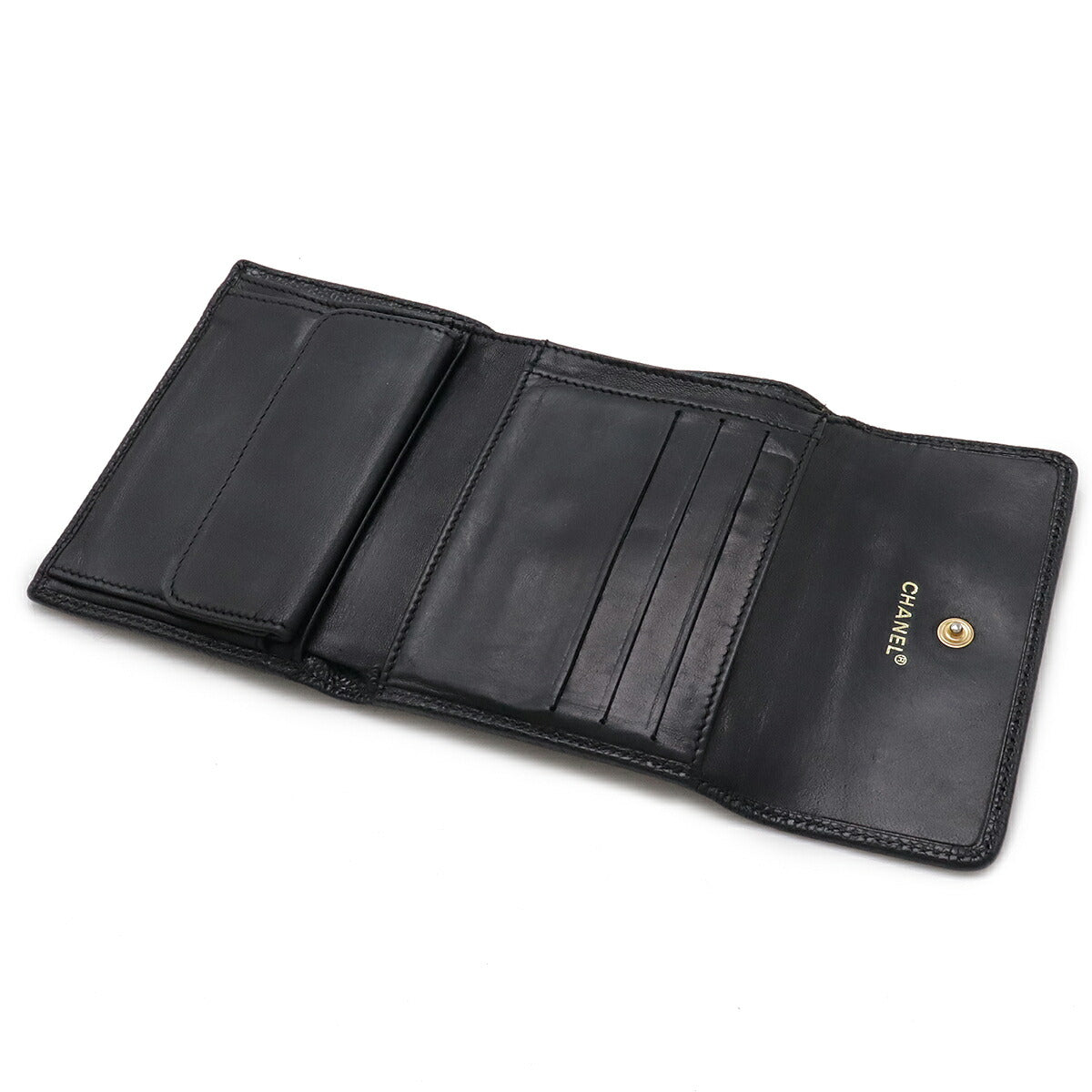 Chanel Caviar Skin Coco Mark Tri-fold Wallet Black Gold Hardware