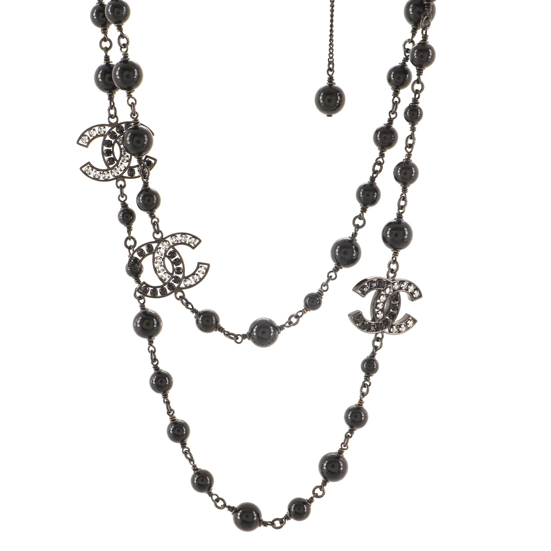 CC Station Long Necklace Ruthenium with Beads and Crystals
