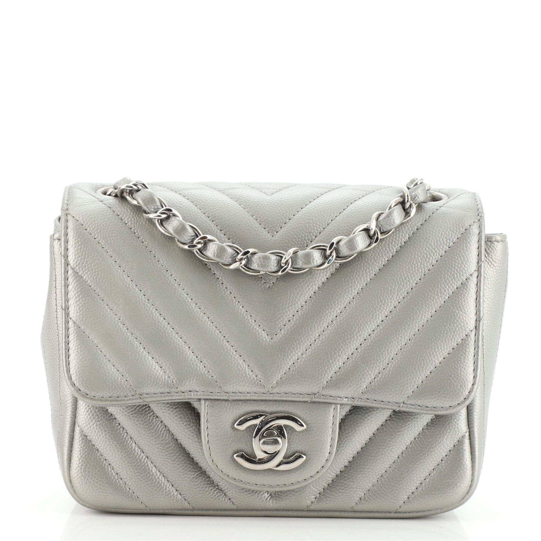 Square Classic Single Flap Bag Chevron Caviar Mini