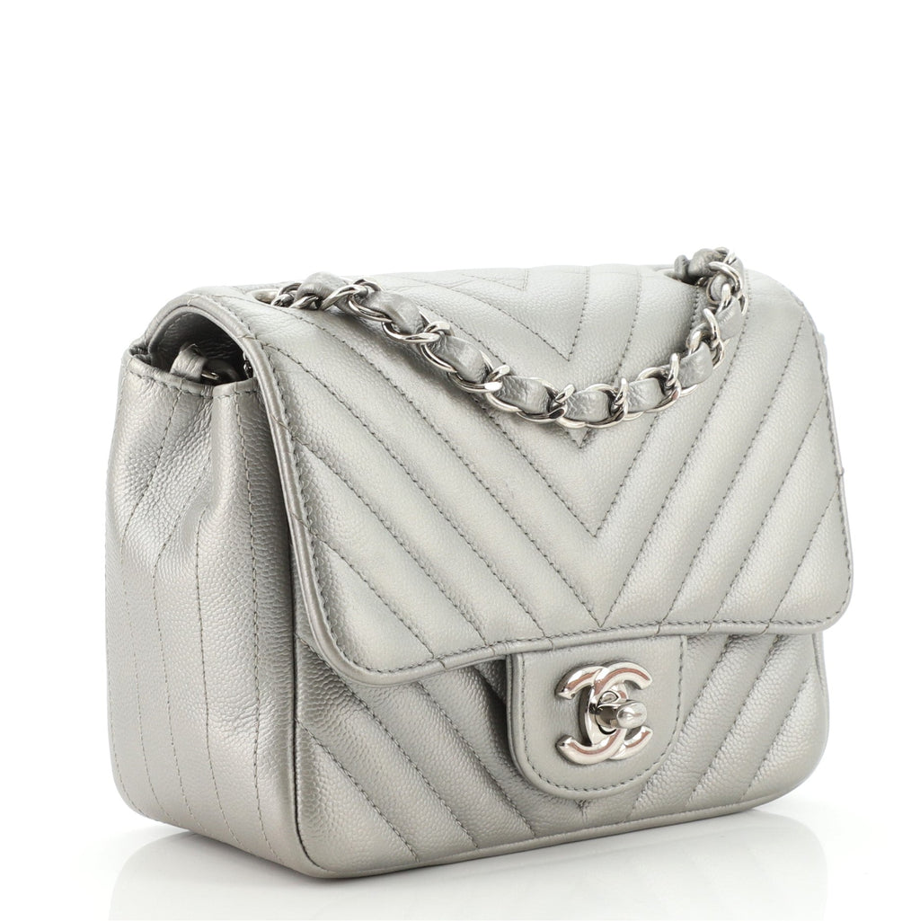 Square Classic Single Flap Bag Chevron Caviar Mini
