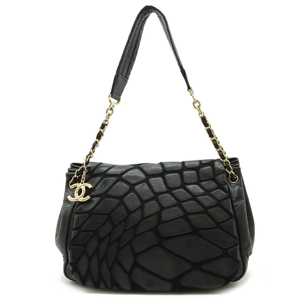 Chanel Lambskin Coco Mark Shoulder Chain Flap Bag Black Gold Hardware